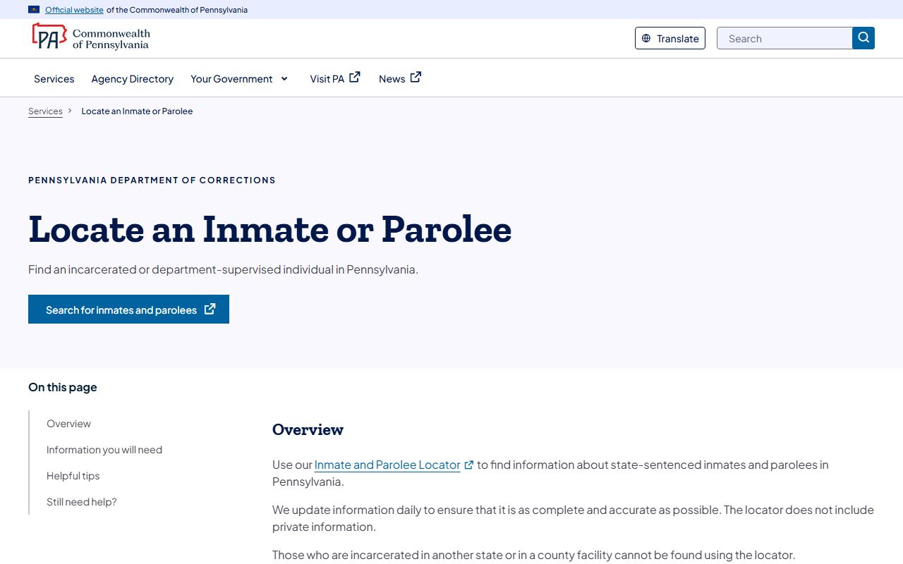 Northumberland County inmate records PA DOC locator service instructions
