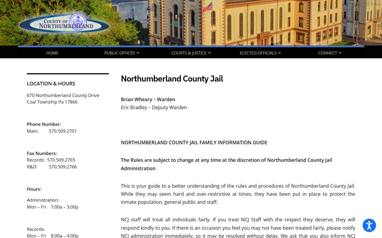 Northumberland County Jail inmate lookup official jail page